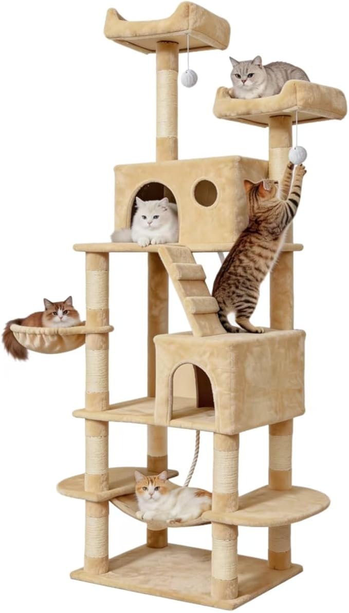 Pawly 70" Extra Tall Cat Tree with Dual Hammocks & Enlarged Condos, Premium CARB P2-Compliant Particle Board, 350G Plush Natural Sisal Cat Tower for Big Cats & Multi-Cat Families, Beige