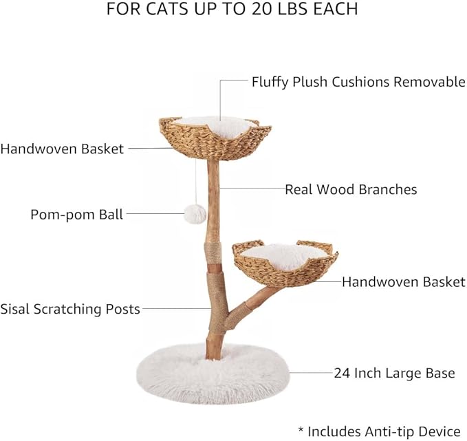unipaws Wood Cat Tree Tower for Large Cats 20lbs, Updated Enlarge 24" Base with Dual Woven Baskets, 41" H Cat Activity Tree with Plush Cushions and Scratching Post