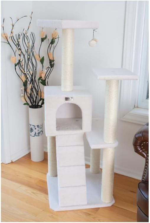 Maykoosh Cat Tree 24" x 22" x 53" - Ivory Faux Fur - Scratching Posts & Ramp