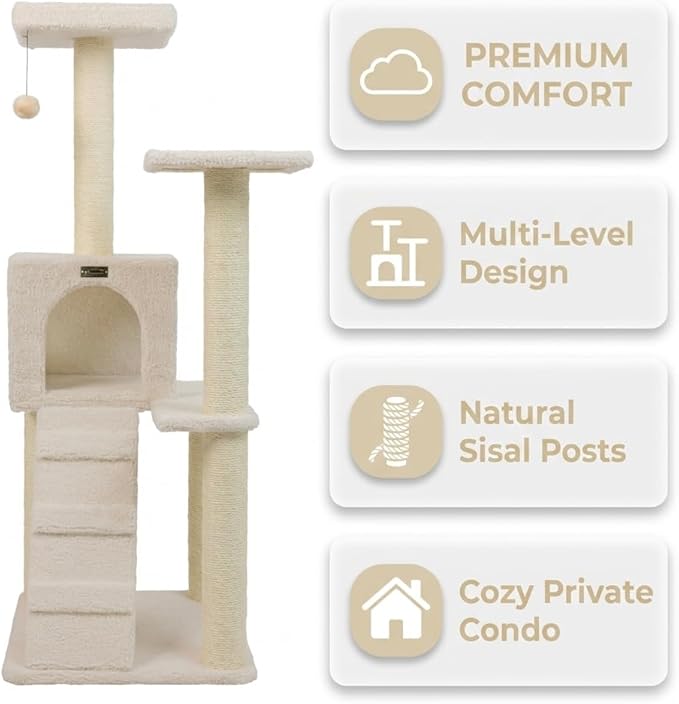 Multi-Level Cat Tree with Sisal Scratching Posts, Cozy Condo, Perches, Ladder and Hanging Toy, Beige, 53 Inches Tall