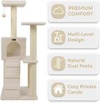 Multi-Level Cat Tree with Sisal Scratching Posts, Cozy Condo, Perches, Ladder and Hanging Toy, Beige, 53 Inches Tall