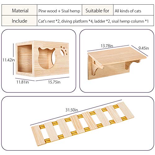 9pcs Wall Wood Climber Set - 2 Cat Condos Houses & 4 Shelves & 2 Ladders & 1 Sisal Cat Scratching Post Cat Steps, Perch & Bed