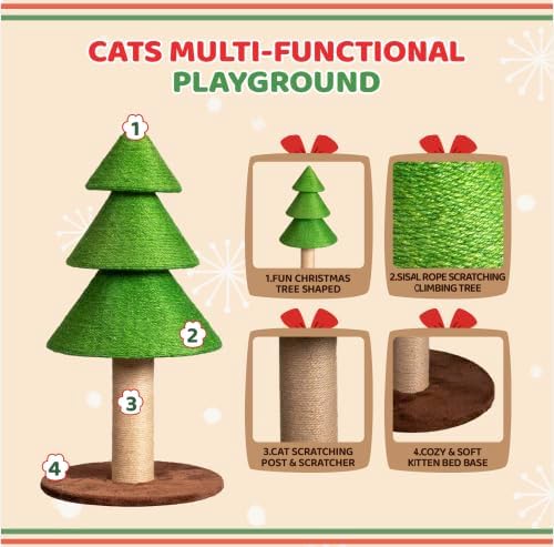 VINGLI 31.5in Christmas Tree Cat Scratcher, Grass Green Cat Scratching Post for Indoor Cats, Large Sisal Cat Scratching Tree Tower with Soft Fleece Base, Stable Cat Tree for Kittens & Adult Cats