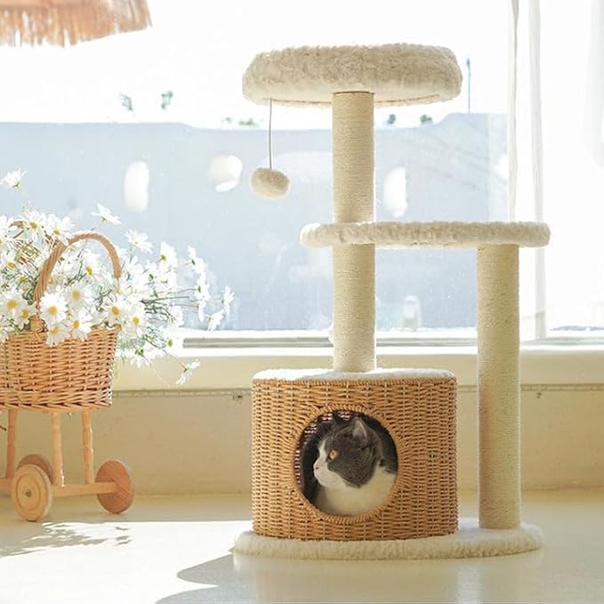 Happy & Polly 33.1" Cat Tree Tower - Condo with Scratching Posts Luxury Cozy House Indoor for Cats, Multi-Level Play Activities Platform Soft Perch