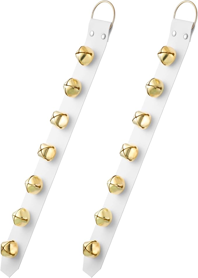 Frienda Hanging Jingle Sleigh Bells 7-Bell Dog Doorbells for Door Knob Faux Leather Belts Go Outside Dog Bells Christmas Decor and Holiday Decorations, 18.7 x 1.8 x 1 Inches(White with Gold)