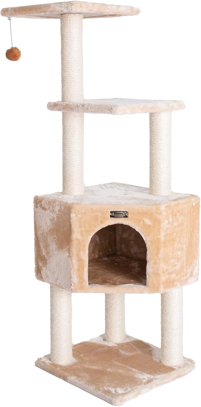 Cat Tower 3 Level Real Wood Kitten Tree - Beige Condo Perch Sisal Scratching Post 48" Tall