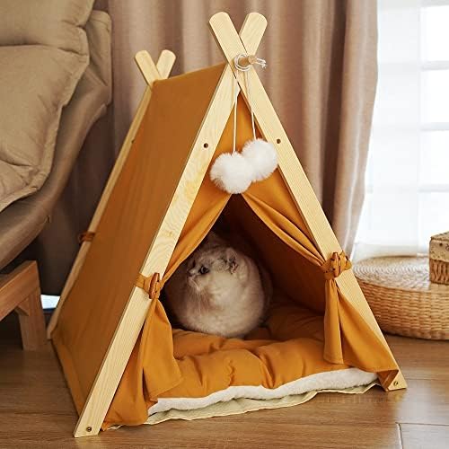 Solid Wood Cat Indoor Tent with Thick Mat,Portable Dog House Dog Teepee Tent,Cute Cat Teepee Cave Cat Bed,Dog Bed (Orange)