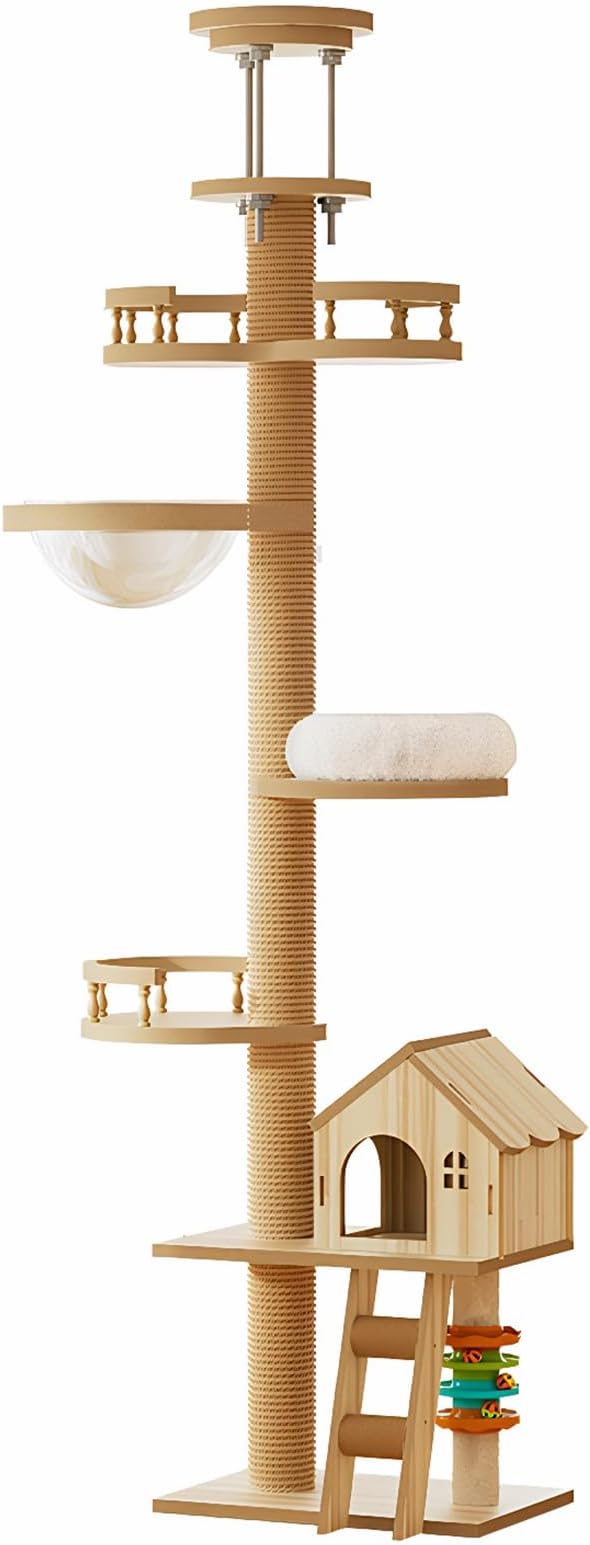 Adjustable Floor to Ceiling Cat Tree, 98-110 Inch Cat Tower with Scratching Posts, Wood Condo, Perch & Hammock for Indoor Cats. Large Cat Activity Center (Natural 4)