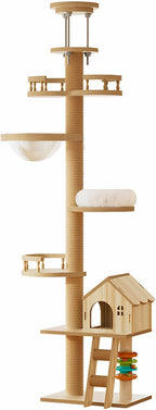 Floor to Ceiling Cat Tree, Cat Tower with Scratching Post, Adjustable Height(98-110 Inch), Large Wood Condo Cave Bed and Hammock, Modern Cat Activity Tree (98-110 Inch)