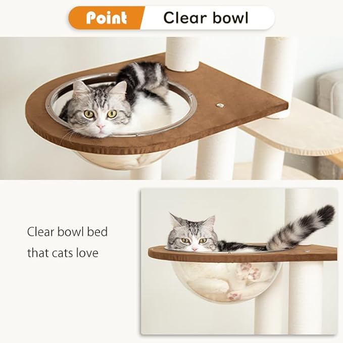 Modern Cat Tree for Large Cat, 60-Inch Tall Cat Tower with Scratching Post for Indoor Cats, Multi-Level Cat Condo with Hand-Woven Cat Bed and Acrylic Bowl
