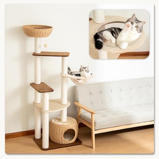 63'' Cat Tree for Large Cats, Modern Indoor Cat Tower with Basket Beds, Cat Condo & Clear Bowl, Multi-Level Wood Cat Furniture for Home Living Room Decor
