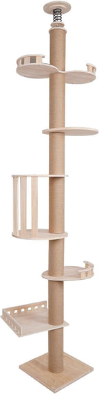 Cat Climbing Tower, Natural Sisal Rope Scratching Post Adjustable Tall Cat Activity Tree, Floor to Ceiling cat Tree,100.4-104.3" Tall Wood Cat Tower Tree Wall with Sisal Scratching Climbing Posts