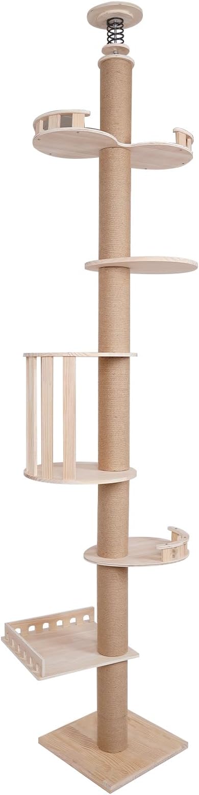 Cat Climbing Tower, Natural Sisal Rope Scratching Post Adjustable Tall Cat Activity Tree, Floor to Ceiling cat Tree,100.4-104.3" Tall Wood Cat Tower Tree Wall with Sisal Scratching Climbing Posts