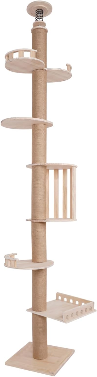 Floor to Ceiling Cat Tree 5 Tiers Cat Tower Multi-Functional Climbing Tower with 100"-104" Adjust Height Ceiling-Mounted Wood Cat Tower Tree Wall for 30-44LBS Cats