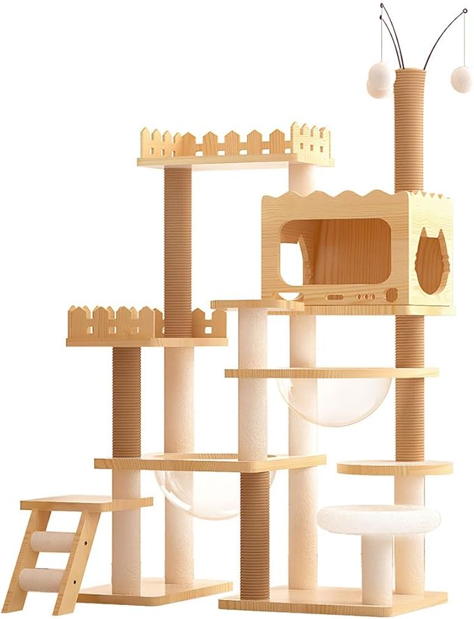66.9" Modern Cat Tree Tower for Indoor Cats, Multi-Level Wood Cat Condo with Sisal Scratching Posts, Acrylic Hammock & Top Perch, Large Cat Climbing Tree Furniture, Natural