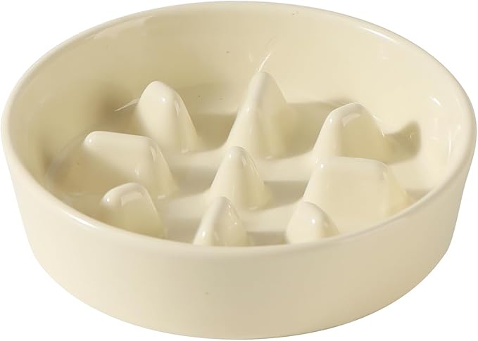 Ceramic 0.9 Cup Dog Bowl Slow Feeder, 6.1inch Slow Pet Food Dish for Small Dog and Cat, Stop Bloat, Preventing Choking(Single Bowl, Light Yellow)