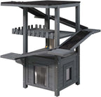 4-Tier Outdoor Cat Tree with Shelter, Wooden Cat Tower with Scratching Post, Cat Outdoor Enclosure, Weatherproof Roof, Easy Assembly, Pine (Grey)