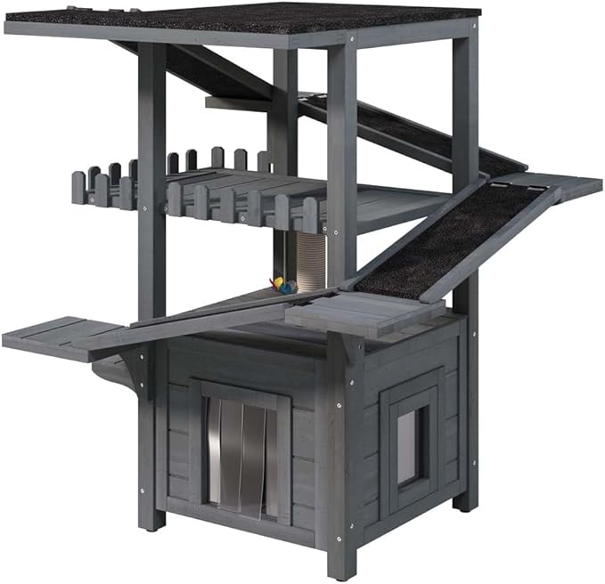 4-Tier Outdoor Cat Tree with Shelter, Wooden Cat Tower with Scratching Post, Cat Outdoor Enclosure, Weatherproof Roof, Easy Assembly, Pine (Grey)