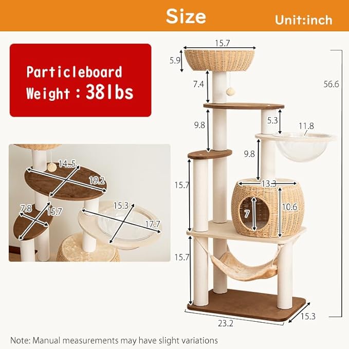 56.7in Large Wooden cat Tree for Large Multiple Cats,cat Tree with Observation Deck, Suitable for Summer and Winter 144CM (Particleboard)