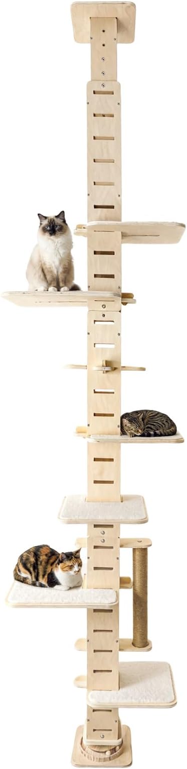 Floor-to-Ceiling Cat Tree, Multi-Level Adjustable Climbing Tower (8.2–9.8 ft) with Scratching Posts, Adjustable Jump Platforms, Interactive Ball Toy Base & Cozy Rest Areas