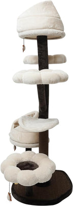 6-Tier Flower Cat Tree 22Lbs with Resting Platforms & Scratching Posts, Cats Activity Center Playground, Stable Flower Design for Adult/Small Cats (Brown+White)