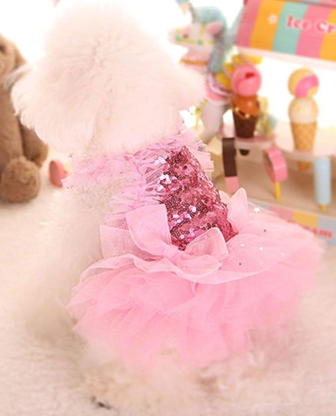 Fashion Sweet Puppy Dog Blingbling Princess Skirt Pet Dog Lace Cake Camisole Tutu Dress Pink X-Small