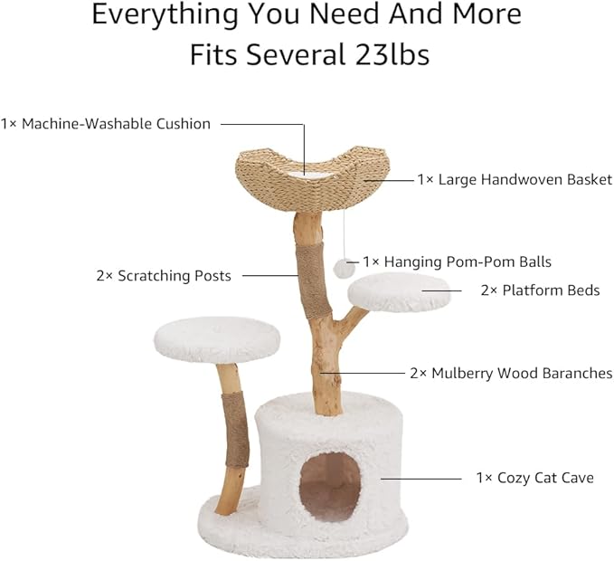 Unipaws Modern Cat Tree Tower for Small and Large Cats, Real Solid Wood Branch Luxury Cat Condo with Scratching Post and Cat Bed, Indoor Furniture for Cat Lover Gifts