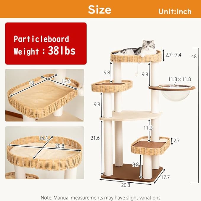 Modern Cat Tree for Large Cat, 48-Inch Tall Cat Tower with Scratching Post for Indoor Cats, Multi-Level Cat Condo with Hand-Woven Cat Bed and Acrylic Bowl