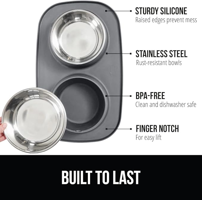 GORILLA GRIP Feeding Mat Bowl Set, 100% Waterproof BPA Free Silicone Base, 304 Stainless Steel Cat and Dog Bowls for Food and Water, Slip Resistant, High Edge, US Designed, Patent Pending, 2 Cup Gray