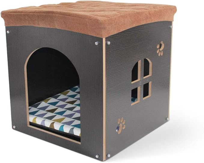 SONGWAY Cat House for Indoor Cats Large, Pet Cave with Carpet, Pet House Ottoman, Multipurpose Footrest with Cushion, Cube House for Cats and Small Dogs, Black L