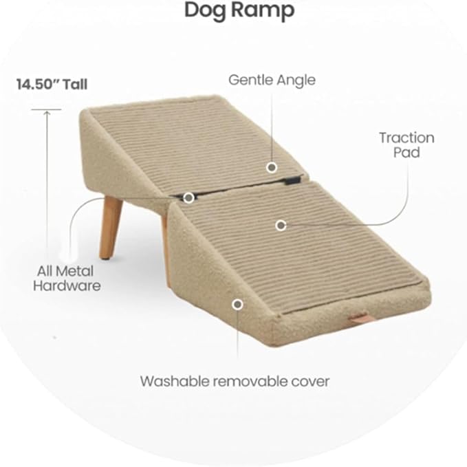 Split Ottoman Dog Ramp, 14.5" H Dog Chair with Ramp for Bed, Folding DogStairs, for Large and SmallDogs, 2-in-1 Lightweight Pet Steps (Beige, Large)