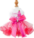 Dog Birthday Dress with Cake Pattern & Bowknot Girl Puppy Clothes for Small Dog Cat Birthday Outfit with Tutu Skirt Party Tulle Pet Apparel (Fuchsia, X-Small)