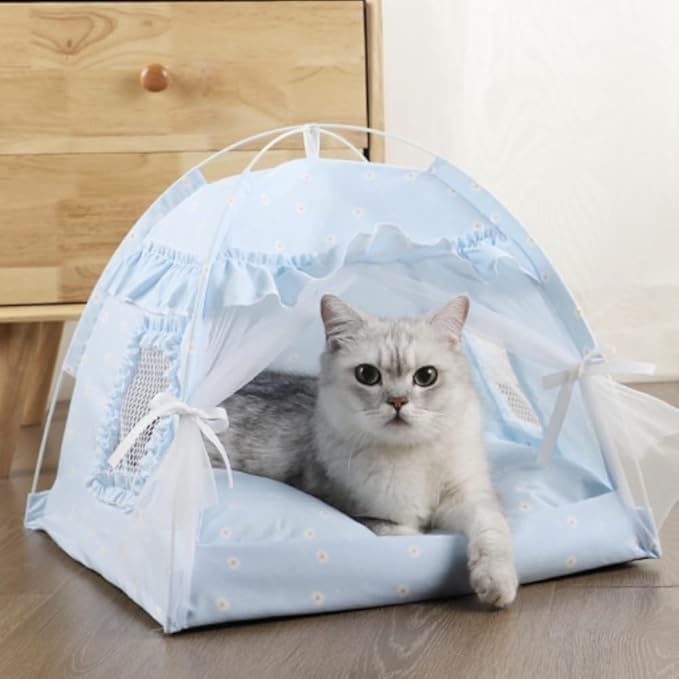 Selena Cat Bed Tents Dog House Indoor Outdoor Lace Mesh Breathable Windows Door Curtains Removable Portable Nest Teepe House (Large,Blue)