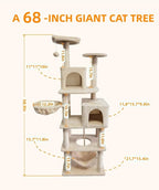 Cat Tree, 68-Inch Cat Tower for Indoor Cats, Plush Multi-Level Cat Condo with 7 Scratching Posts, 2 Perches, 2 Caves, Hammock (Beige)