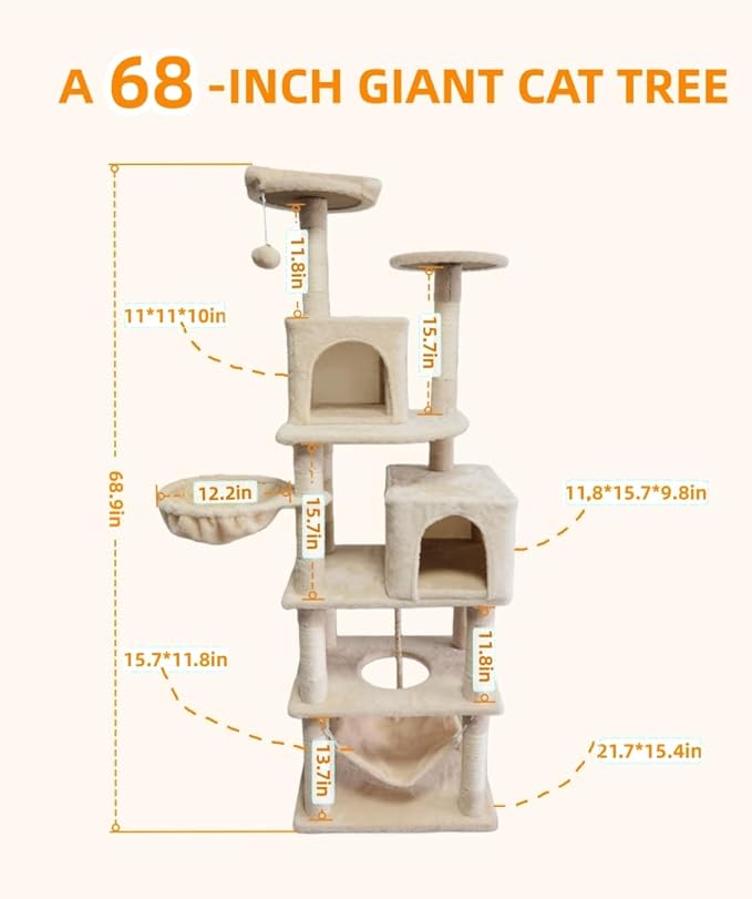Cat Tree, 68-Inch Cat Tower for Indoor Cats, Plush Multi-Level Cat Condo with 7 Scratching Posts, 2 Perches, 2 Caves, Hammock (Beige)