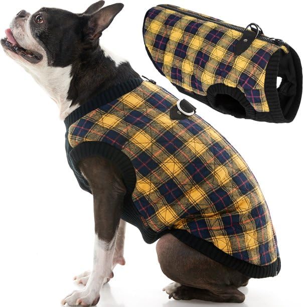 Gooby Fashion Vest Check Dog Jacket - Yellow Check, Small - Warm Zip Up Dog Bomber Vest with Dual D Ring Leash Water Resistant for Small to Medium Dogs