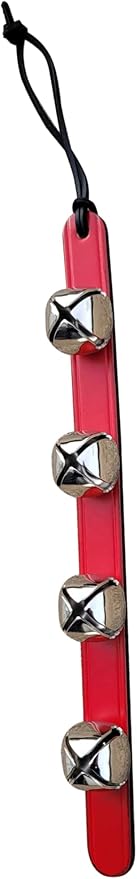 Rustic Red Door Co. Hanging Jingle Sleigh Bells on Leather Strap for Door Knob, Dog to Go Outside, Pet Puppy Potty Training, Christmas Decor, 4 Silver Bells, 14" Straip, Red