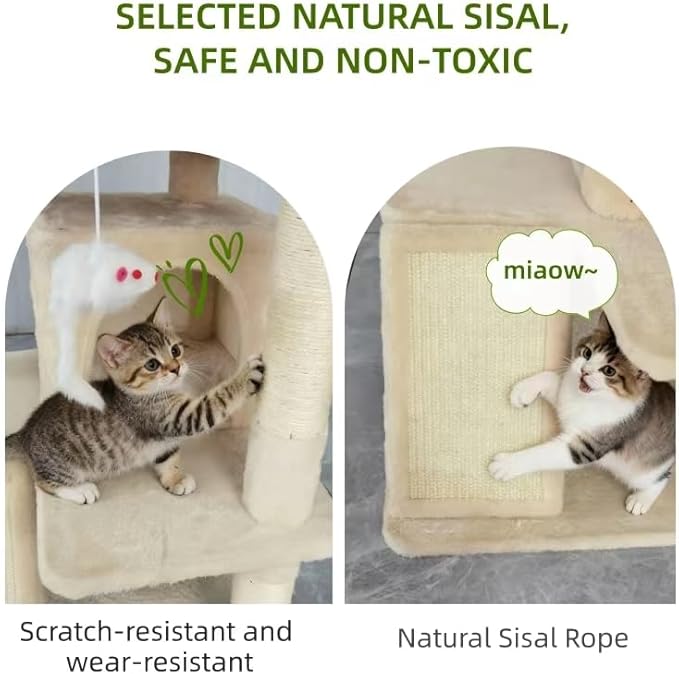 Cat Tree Tower for Indoor Cats,Cat House with Sisal Scratching Post,Multi-Level Cat Condo and 3 Large Platforms (Beige)