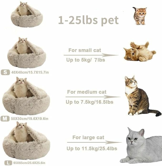 Cat Bed Round Fluffy Hooded Cat Bed Cave, Anti-Anxiety Cave Bed with Hooded Blanket, Cozy Cuddler Luxury Puppy Pet Bed, Anti-Slip Bottom and Machine Washable (Khaki, Medium)