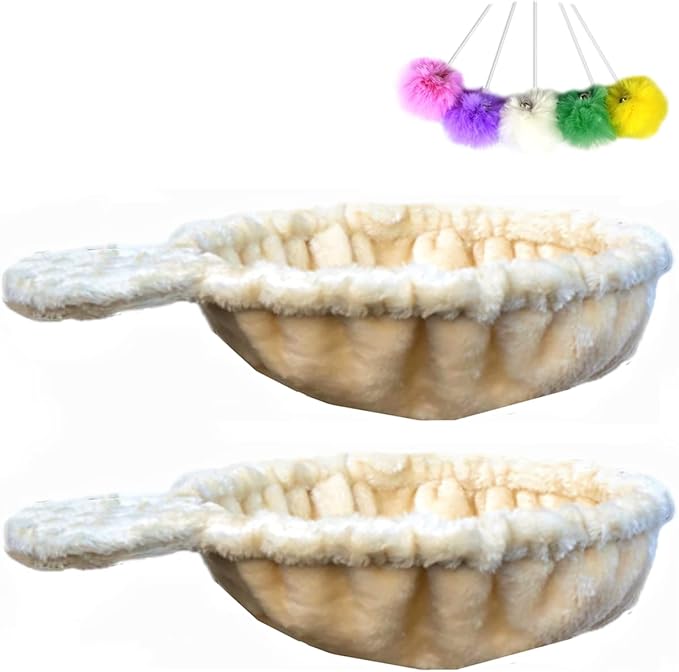 SHENGOCASE 2-Pack 13" Beige Cat Tree Tower Replacement Basket Lounger Hammock Bed, 5pcs Hanging Pom-pom Toys with Elastic Strings, Cat Tree Accessories Hammock Attachment
