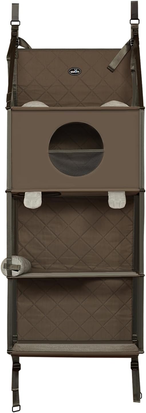 Door-Mounted Cat Tree Climber, 4-Tier Hanging Cat Tree with Removable Pillow & Toys, Space-Saving Cat Door-Hanging Climbing Hammock for Indoor Cats, Easy No-Drill Installation, Gray