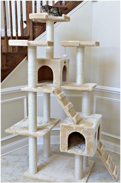 Cat Tree Multi-Level - Scratching Posts, Play Platforms & Cozy Hideaway - Beige Faux Fur Cat Furniture
