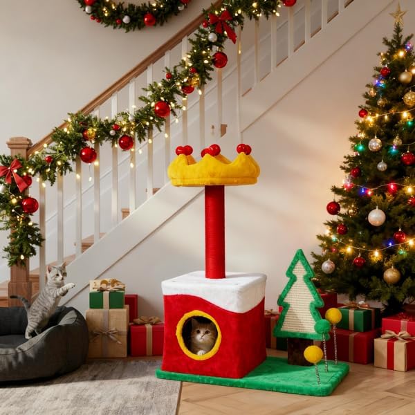 29.5in Christmas Plush Cat Tree, Multi-Level Cat Tower with Condo, Crown Perch & Sisal Posts, Festive Cat Activity Center for Indoor Small Cats, Holiday Cat Furniture Gift