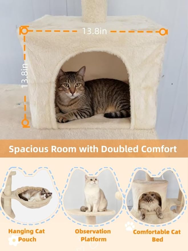 Cat Tree 60.63 inches Cat Tower for Indoor Cats, Multi-Level Cat Condo Furniture with Scratching Posts, Plush Perches, Activity Center with Cozy Basket & Hammock for Cats(Beige)
