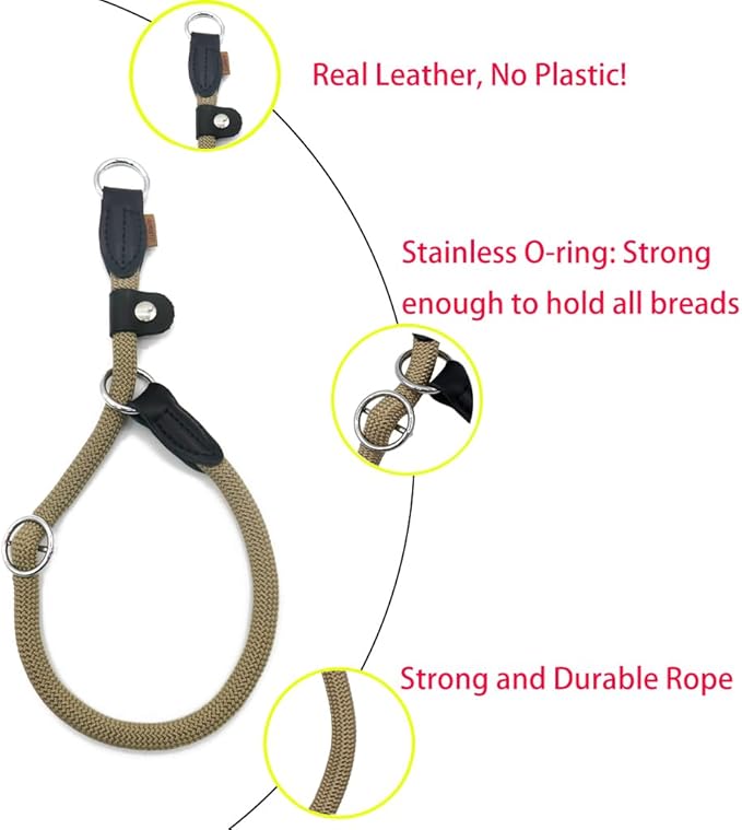 Braided Round Martingale Dog Collar, Training Collar with Slidable Stop Ring and Adjustable Stopper - Ideal for Small Dogs (S(1/4") - 14" Long, Khaki)