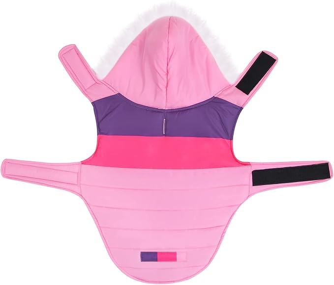 HDE Dog Puffer Jacket Fleece Lined Warm Dog Parka Winter Coat with Harness Hole Pink Stripe - XXL