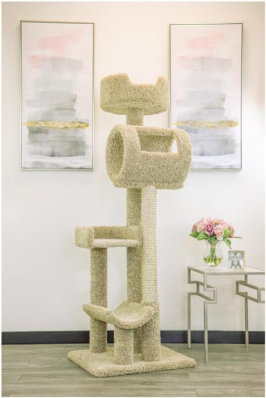 Retro Relaxation Multi-Level Cat Cat Climbing Tower Cat Tree, Solid Wood and Carpet Construction, Modern Cat Tree with Scratch Post and Sturdy Base