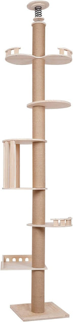 5 Tier Cat Tower Cat Tree with Scratching Posts, 100.4-104.3" Tall Cat Tree with Jumping Platforms, Ceiling-Mounted Wooden Cat Condo Perch for Indoor Small Large Cats Adult