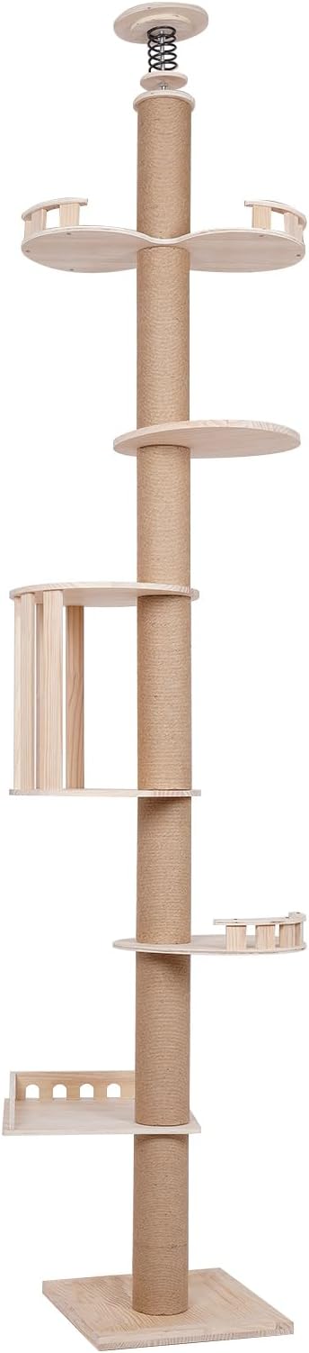 5 Tier Cat Tower Cat Tree with Scratching Posts, 100.4-104.3" Tall Cat Tree with Jumping Platforms, Ceiling-Mounted Wooden Cat Condo Perch for Indoor Small Large Cats Adult