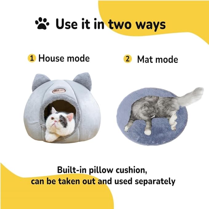 Cat Ear-Shaped Bed for Indoor Cats,Semi-Enclosed Kitten Bed with A Removable Mat & Non-Slip Bottom for Cat and Small Dog,Cats Hideaway (Gray, S:13×13×13in(33×33×33cm))